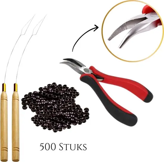 Thef - Startset voor Nanoring Extensions - 500 Nanoringen - 2x Nanoring Loopnaald - Gebogen Tang